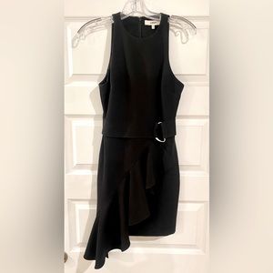 LIKELY Black Dress with Asymmetrical Ruffle Skirt, Belt with Silver Accents